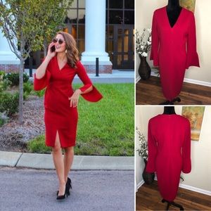 Maggy London V-Neck Red Bell Sleeve Dress 10